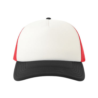 White-Red-Black - Pack Shot - Atlantis Unisex Adult Rapper-S 5 Panel Recycled Mid Visor Trucker Cap
