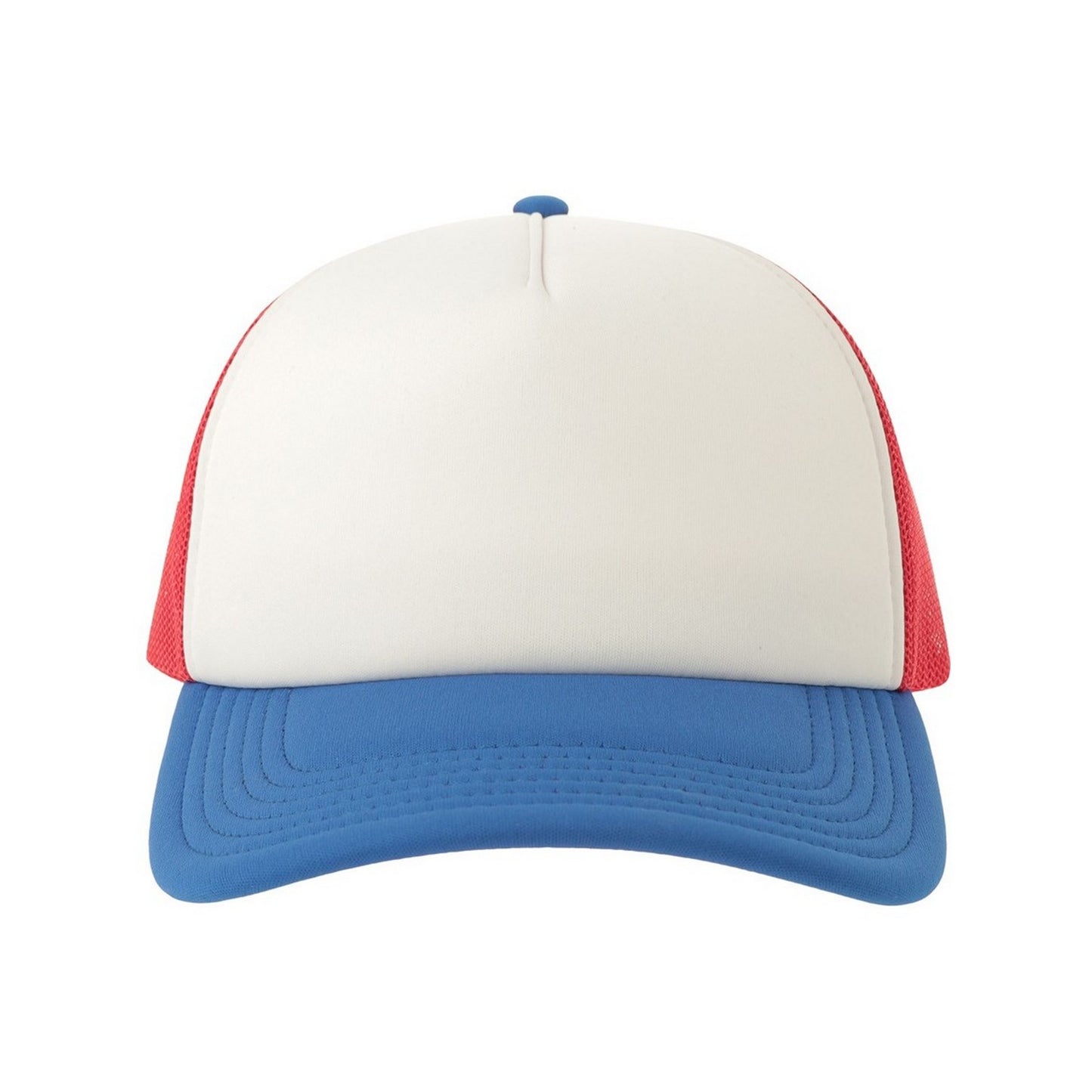 White-Red-Royal Blue - Pack Shot - Atlantis Unisex Adult Rapper-S 5 Panel Recycled Mid Visor Trucker Cap