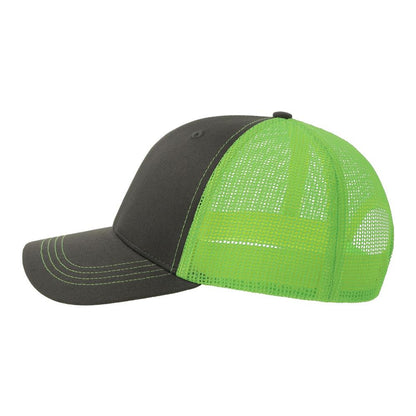 Dark Grey-Safety Green - Side - Atlantis Headwear Unisex Adult Sonic-S 6 Panel Structured Trucker Cap