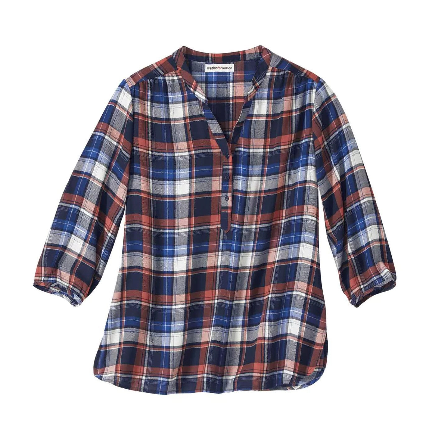 Navy-Coral-Ecru - Front - Atlas for Women Womens-Ladies Checked Crepe Blouse