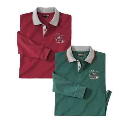 Burgundy-Green - Front - Atlas For Men Mens Long-Sleeved Polo Shirt (Pack of 2)