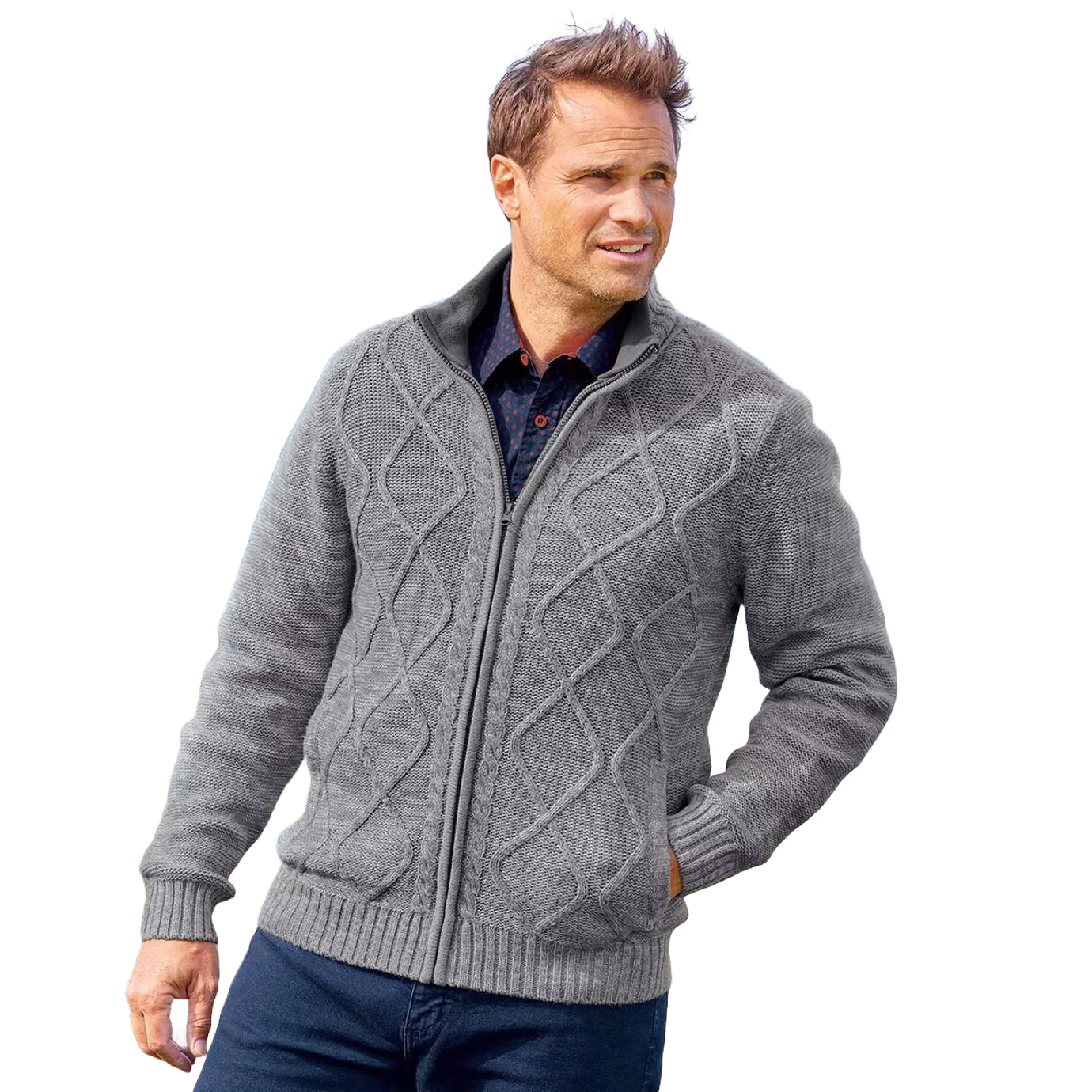 Grey - Back - Atlas For Men Mens Cable Knit Full Zip Jacket