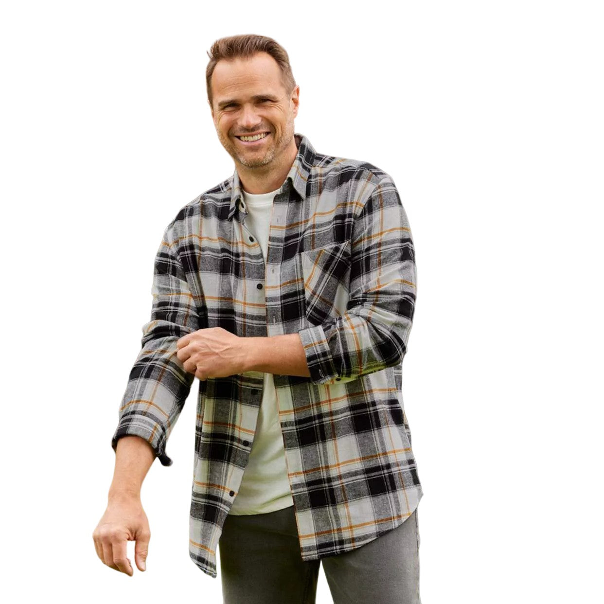 White-Black-Ochre - Back - Atlas For Men Mens Checked Flannel Chest Pocket Shirt