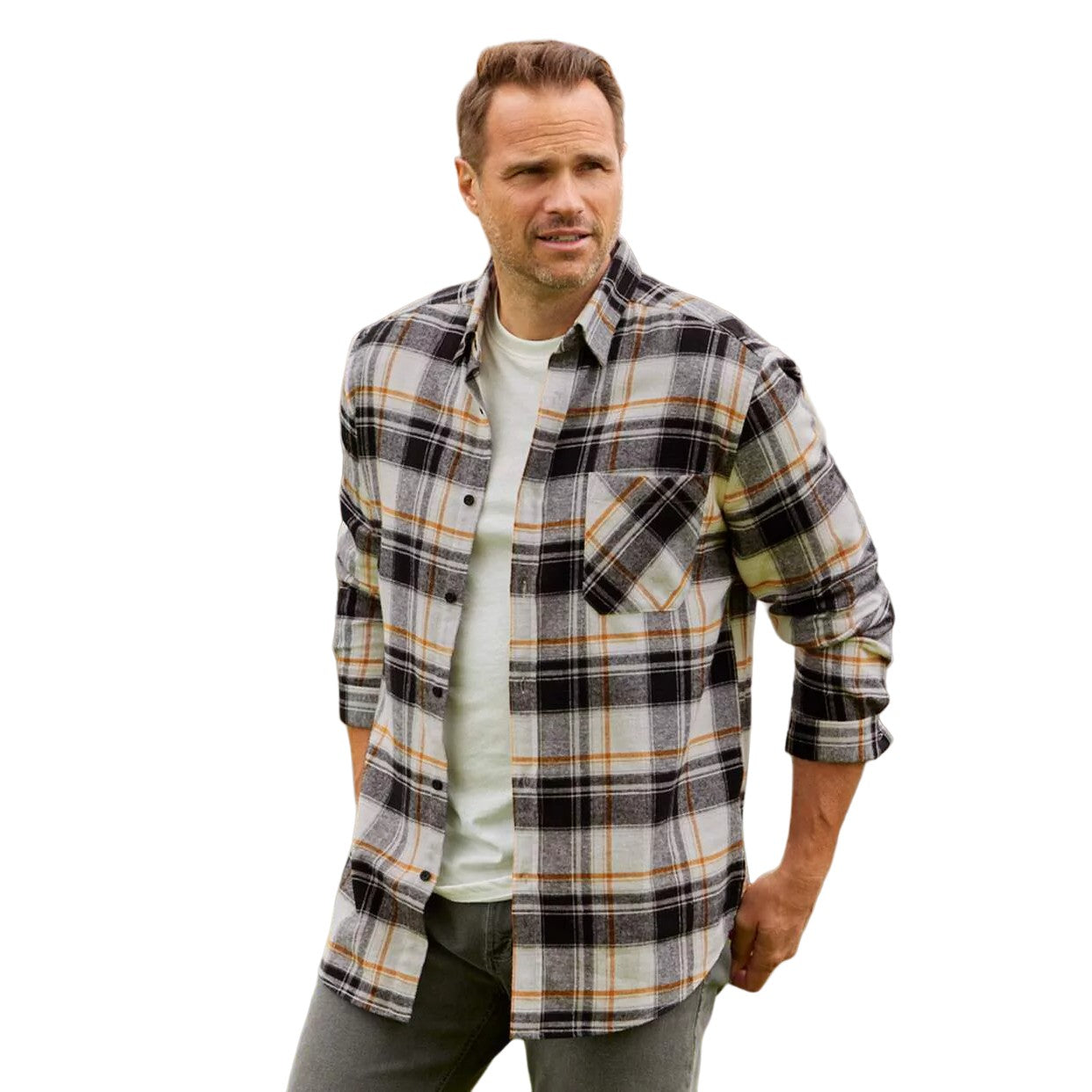 White-Black-Ochre - Side - Atlas For Men Mens Checked Flannel Chest Pocket Shirt