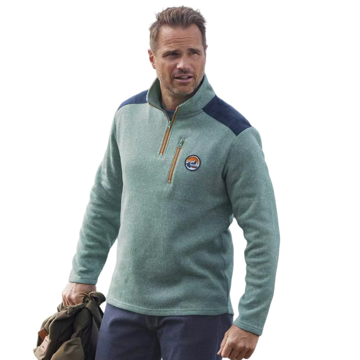 Green - Back - Atlas For Men Mens Brushed Fleece Contrast Zip Jumper