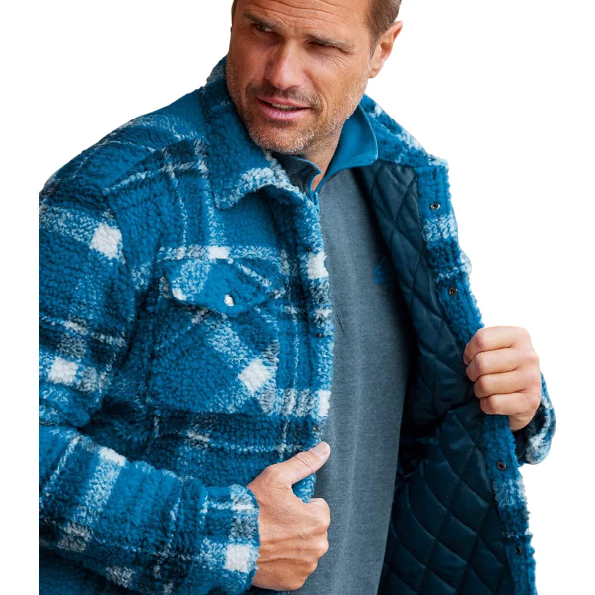Mallard Blue-Navy-Ecru - Side - Atlas For Men Mens Checked Sherpa Overshirt