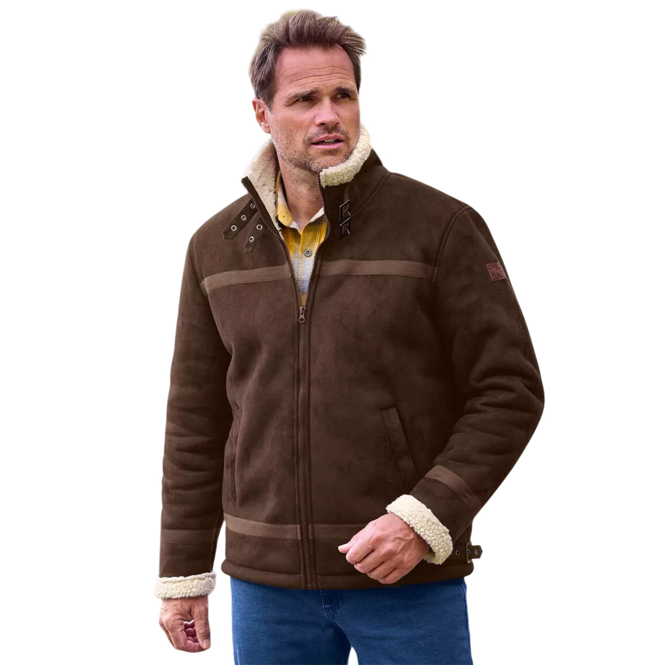 Brown - Side - Atlas For Men Mens Faux Suede Sherpa Lined Jacket