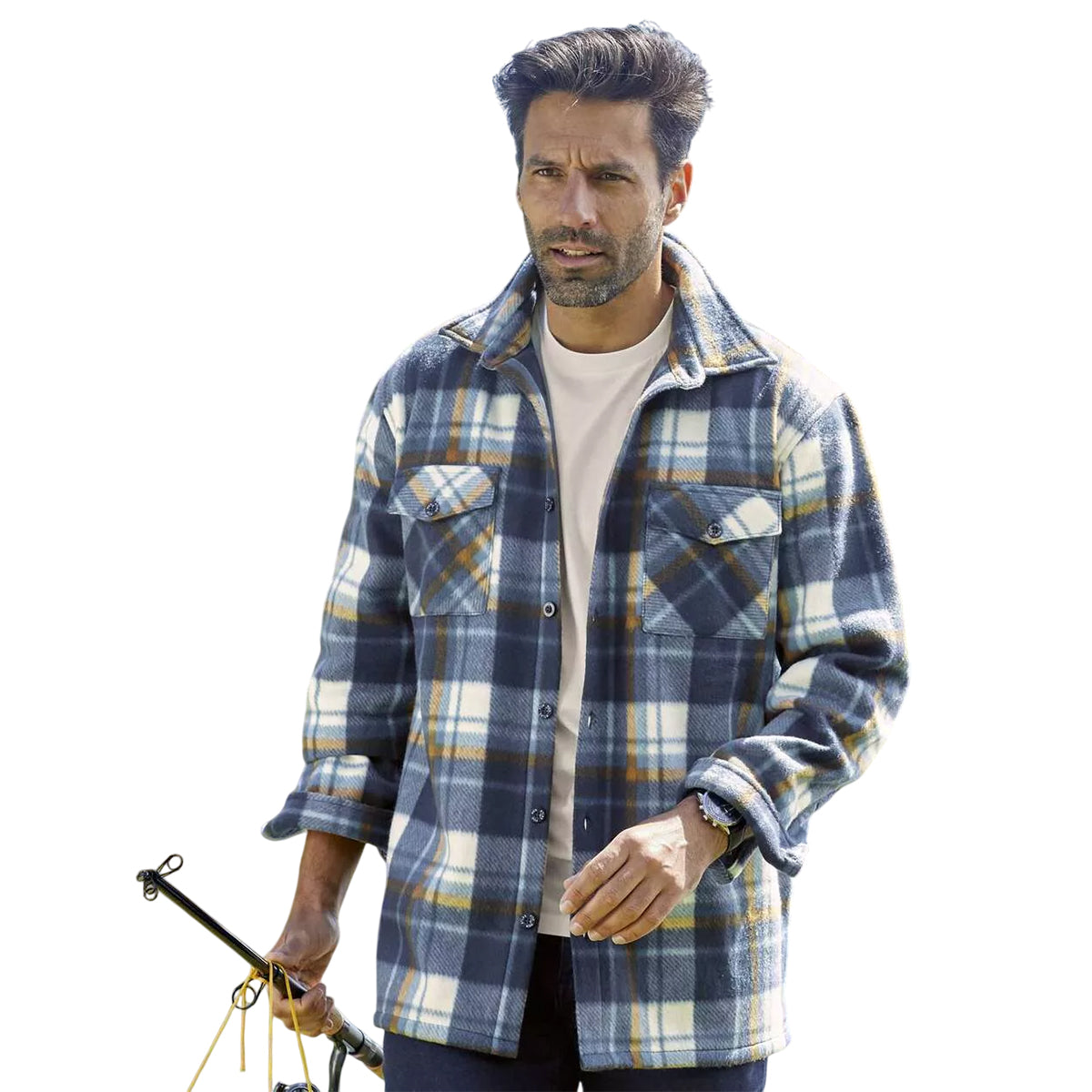Blue-Orange-Ecru - Back - Atlas For Men Mens Checked Fleece Overshirt