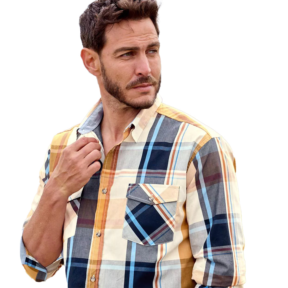 Ecru-Ochre-Navy - Back - Atlas For Men Mens Checked Poplin Shirt