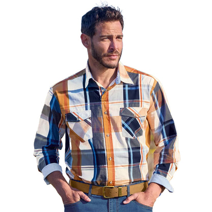 Ecru-Ochre-Navy - Side - Atlas For Men Mens Checked Poplin Shirt