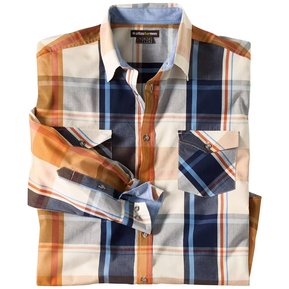 Ecru-Ochre-Navy - Front - Atlas For Men Mens Checked Poplin Shirt