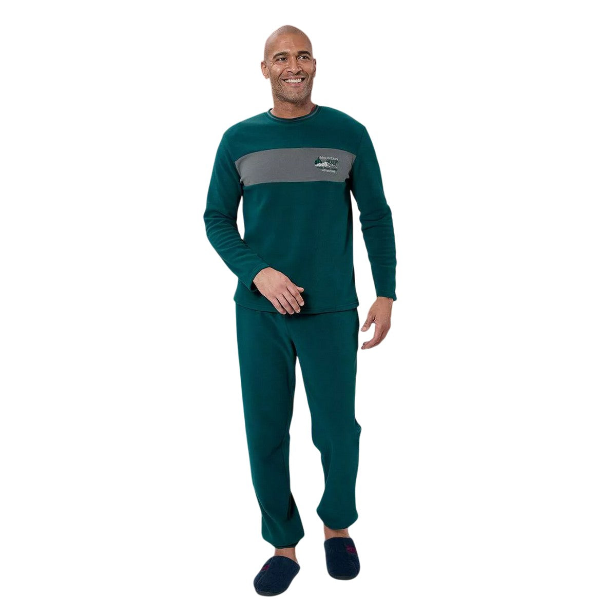 Green - Back - Atlas For Men Mens Striped Microfleece Long Pyjama Set