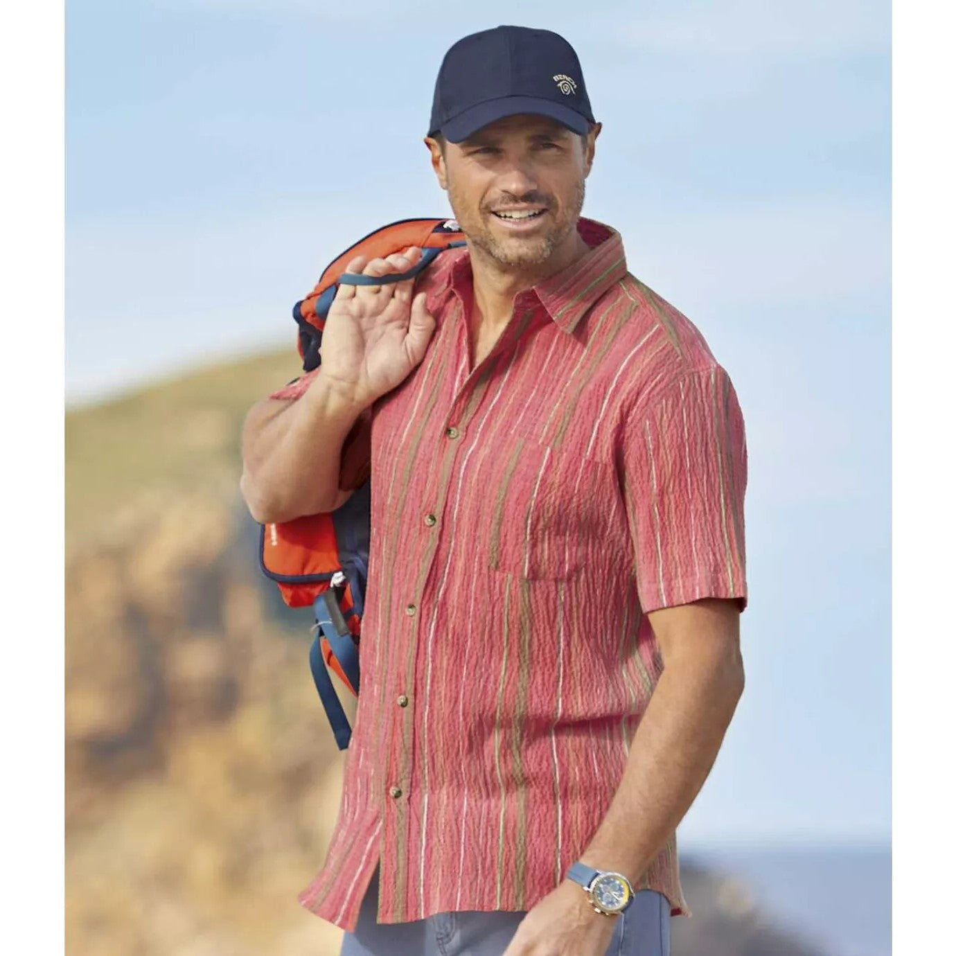 Coral - Back - Atlas For Men Mens Striped Short-Sleeved Shirt