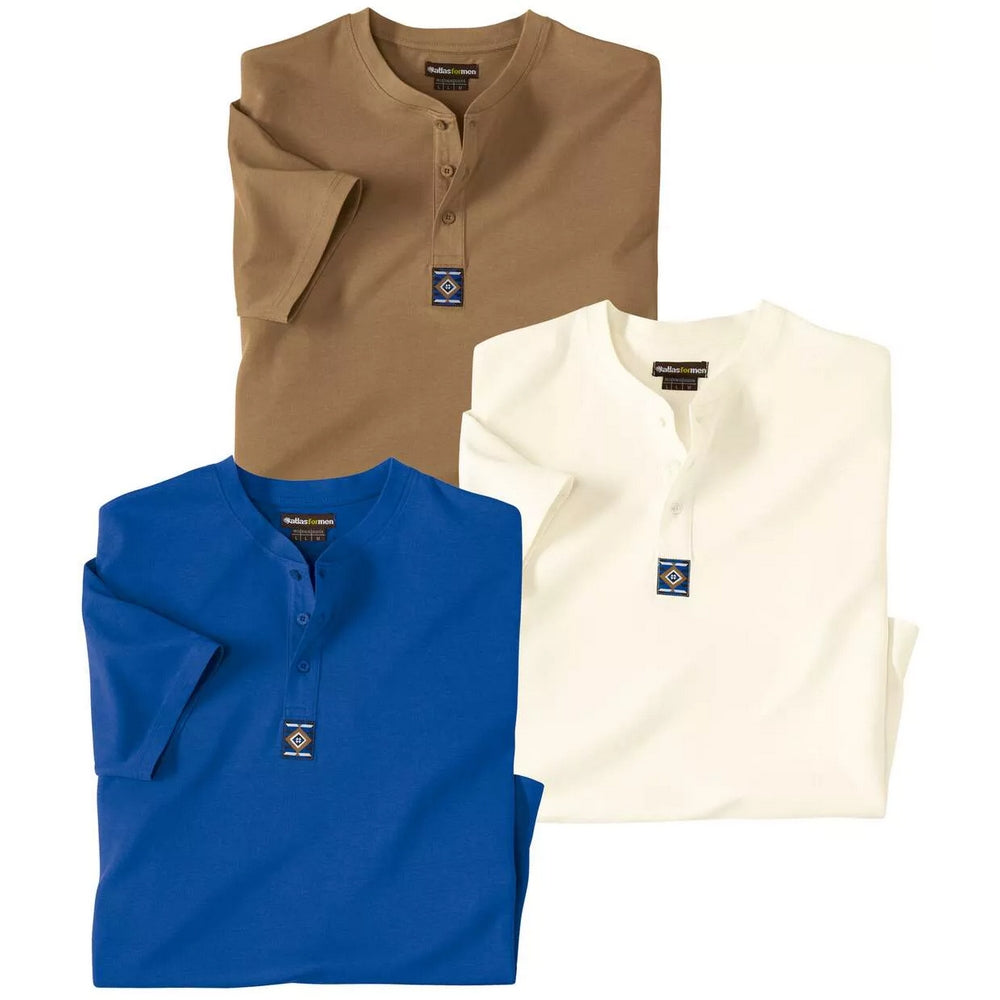 Blue-Brown-Ecru - Front - Atlas For Men Mens Henley T-Shirt (Pack of 3)
