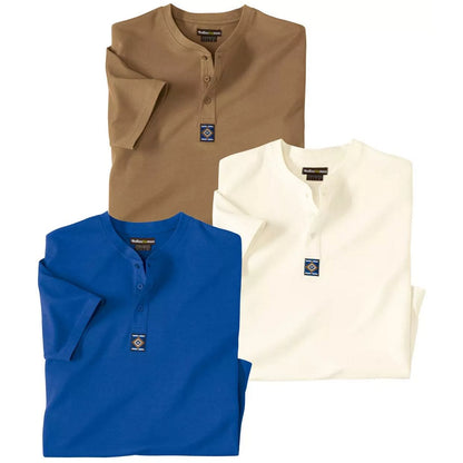 Blue-Brown-Ecru - Front - Atlas For Men Mens Henley T-Shirt (Pack of 3)