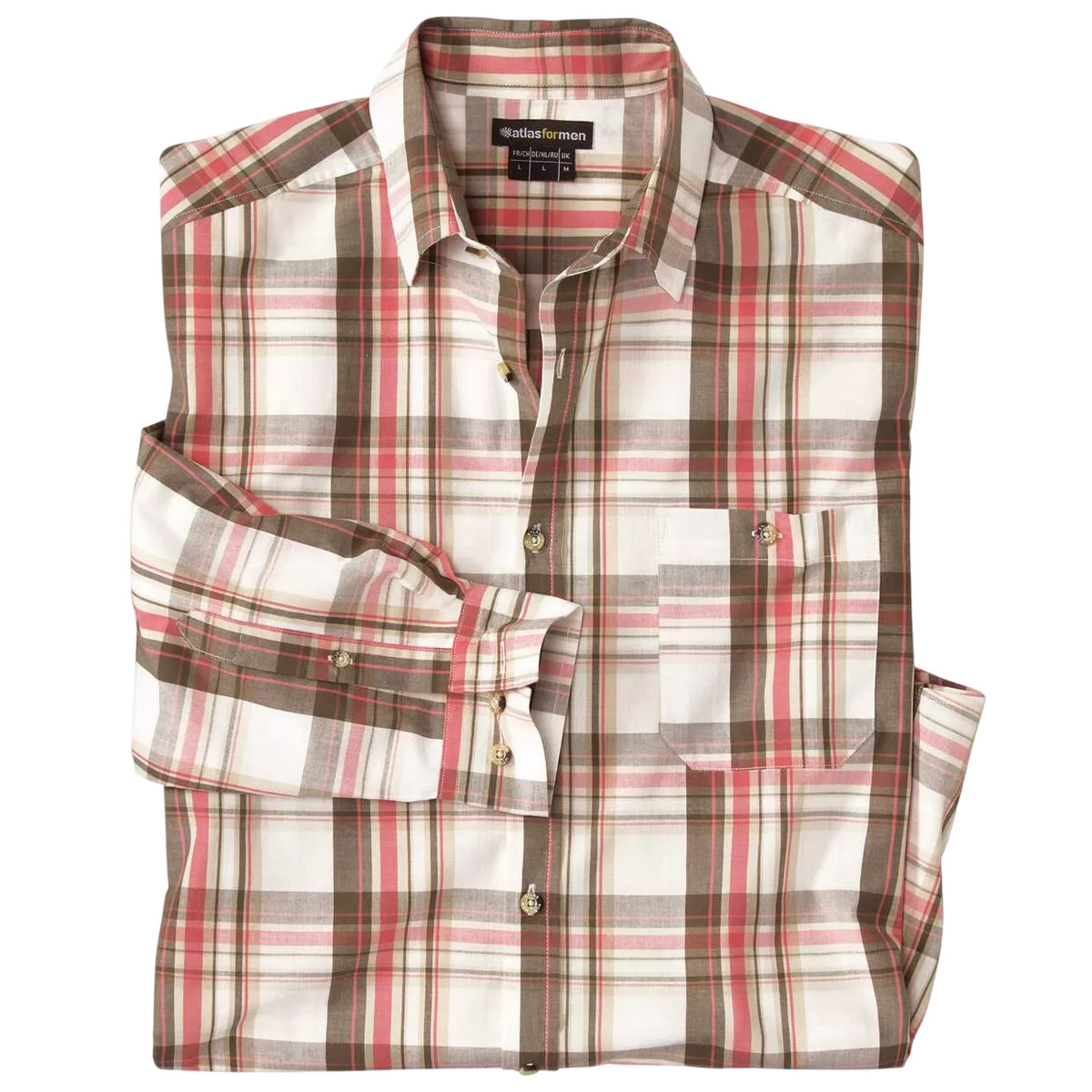 Ecru-Khaki-Coral - Front - Atlas For Men Mens Checked Poplin Shirt