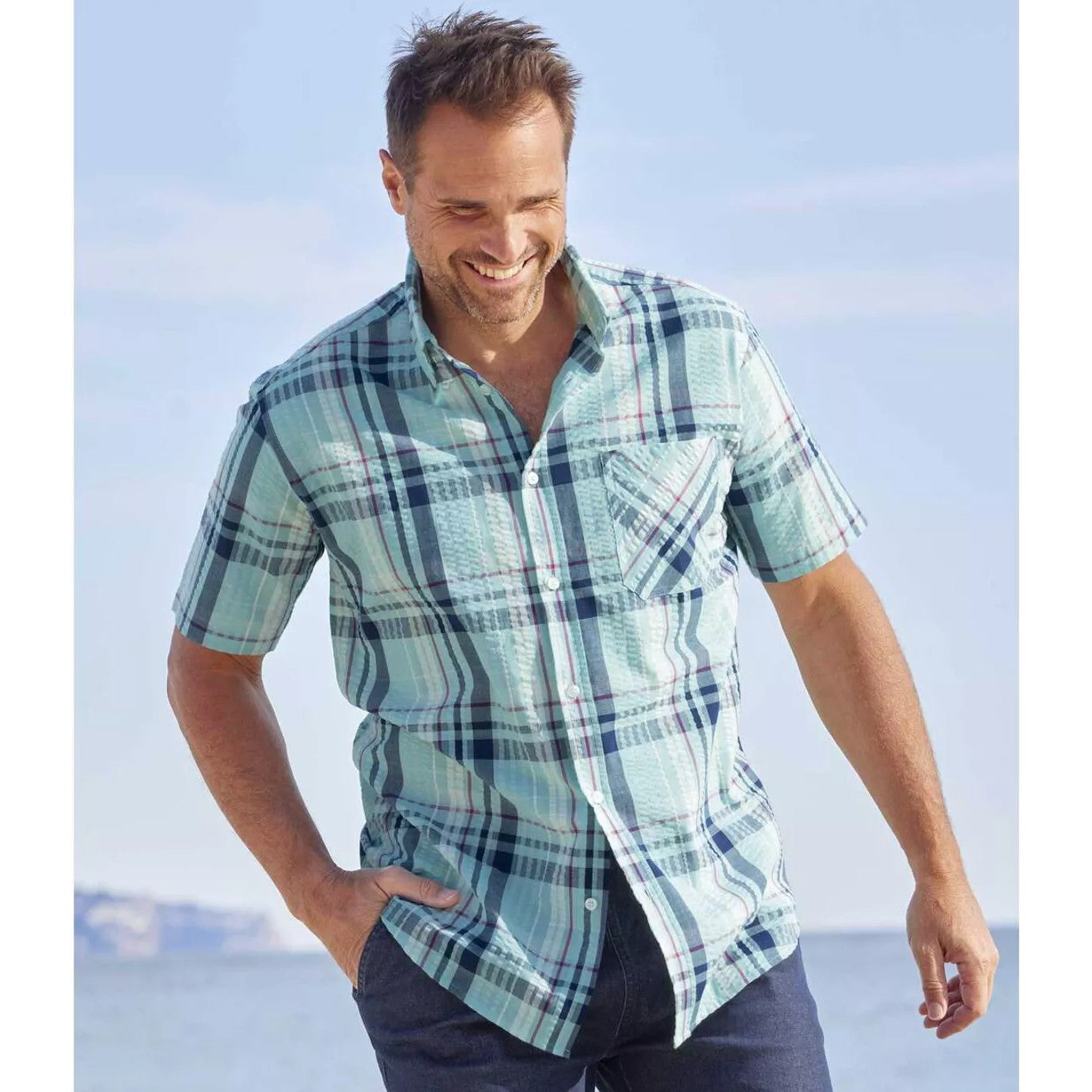 Light Turquoise - Lifestyle - Atlas For Men Mens Checked Waffle Shirt