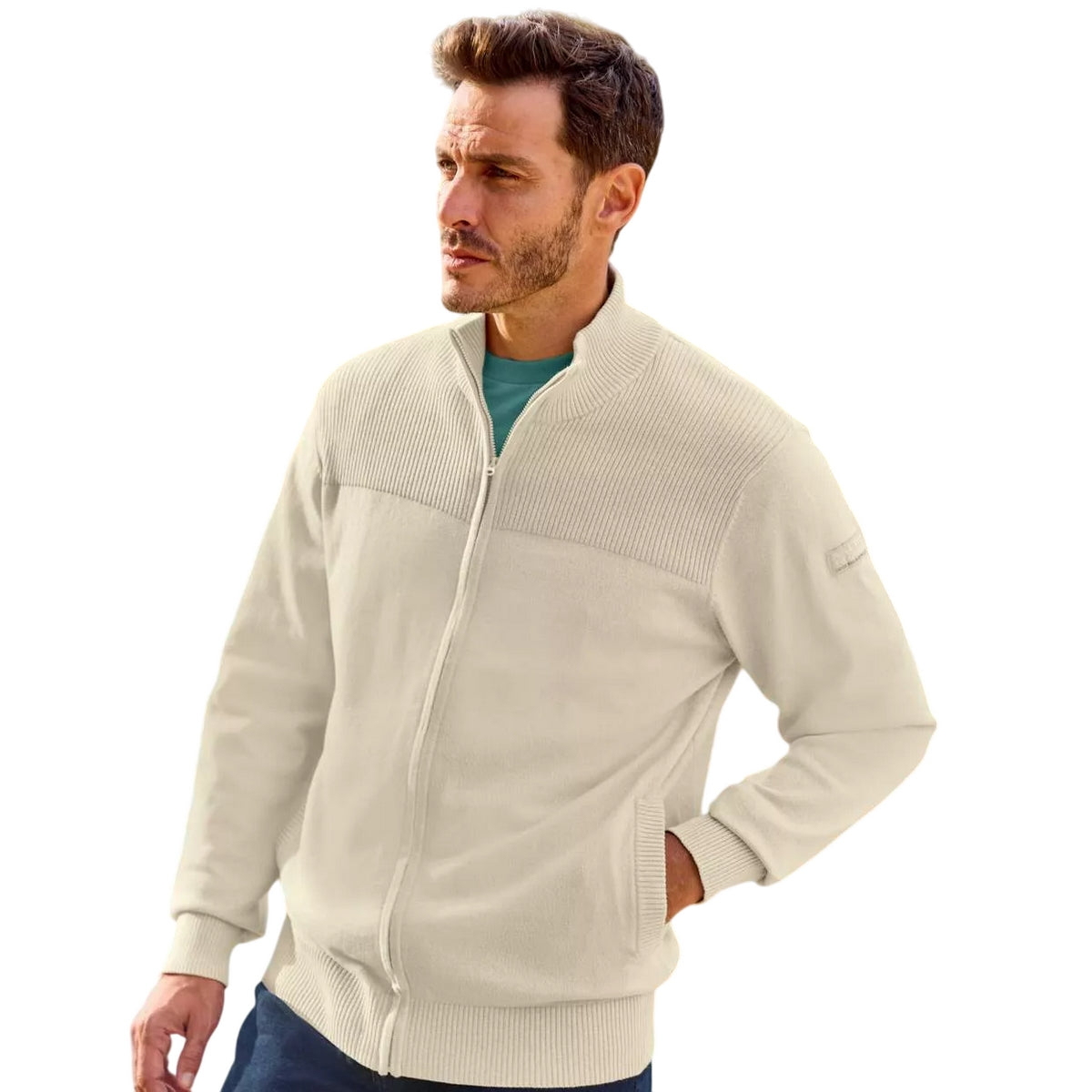 Beige - Side - Atlas For Men Mens Mottled Knitted Jacket