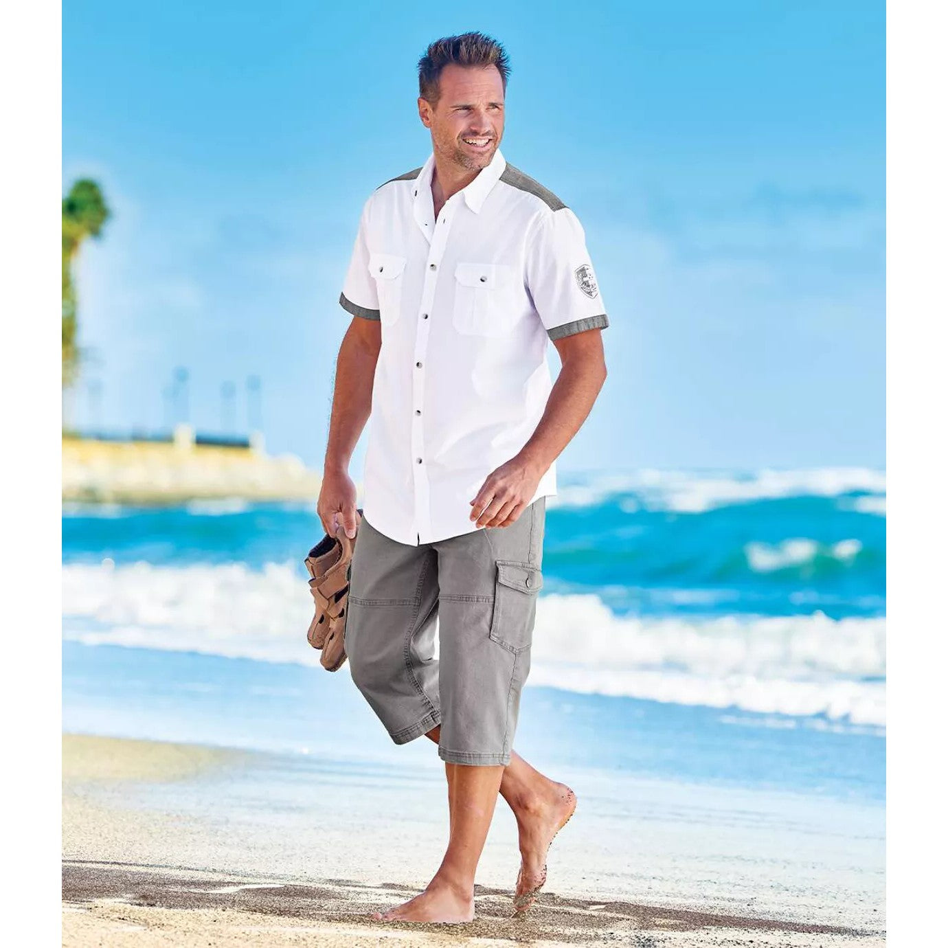 Grey - Side - Atlas For Men Mens Denim Cropped Cargo Trousers