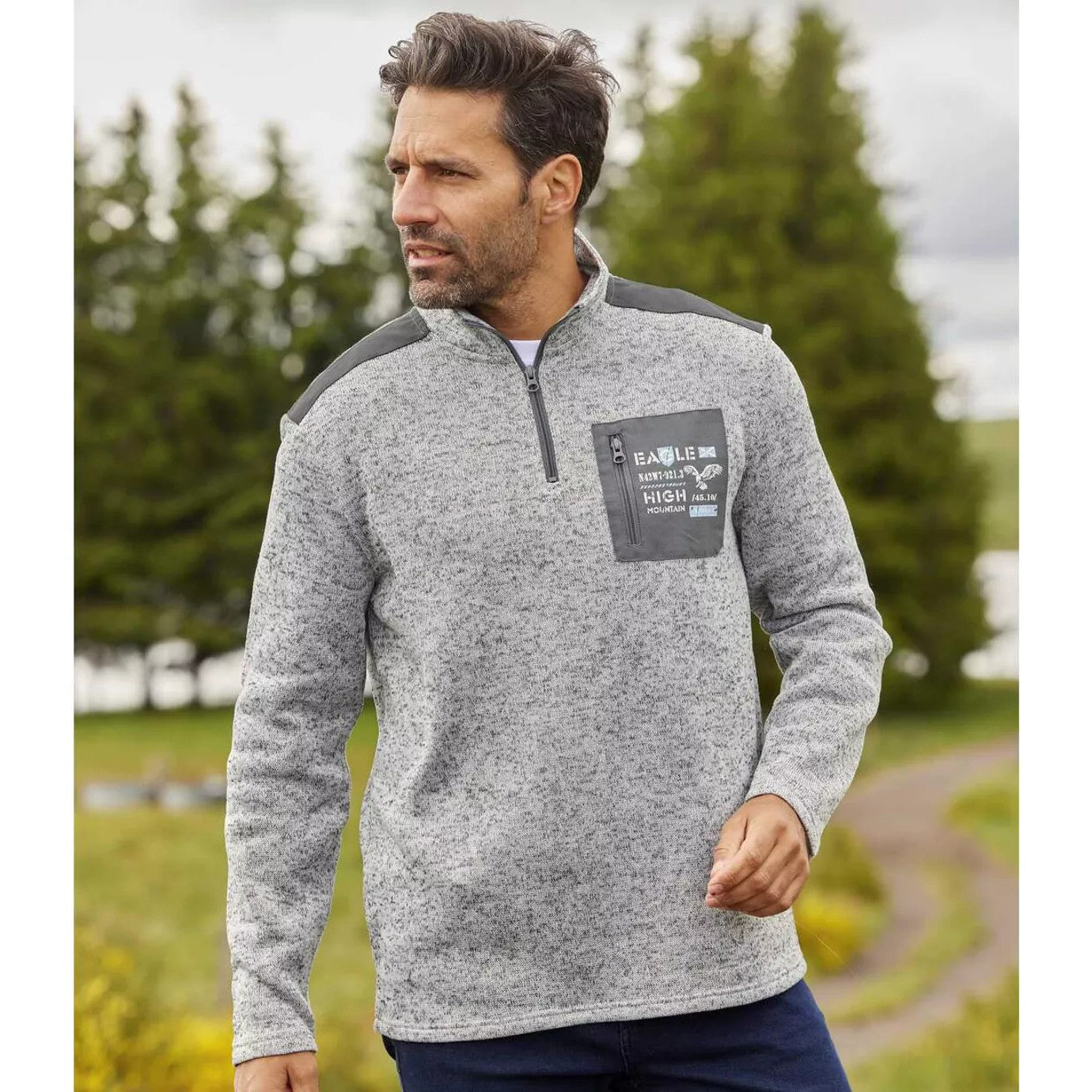 Grey - Back - Atlas For Men Mens Mottled Brushed Fleece Jumper