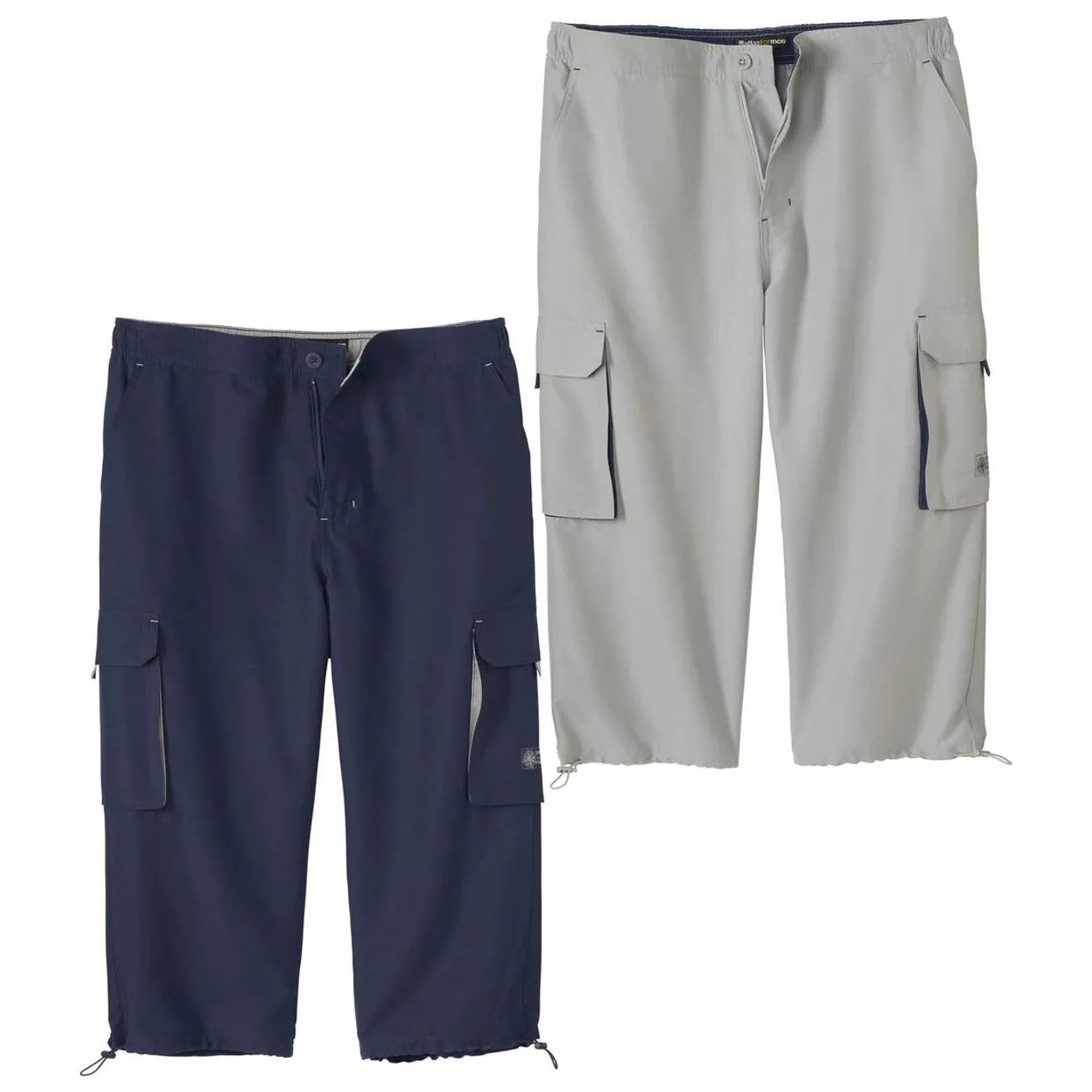 Grey-Navy Blue - Front - Atlas For Men Mens Crop Elasticated Waist Cargo Trousers (Pack of 2)