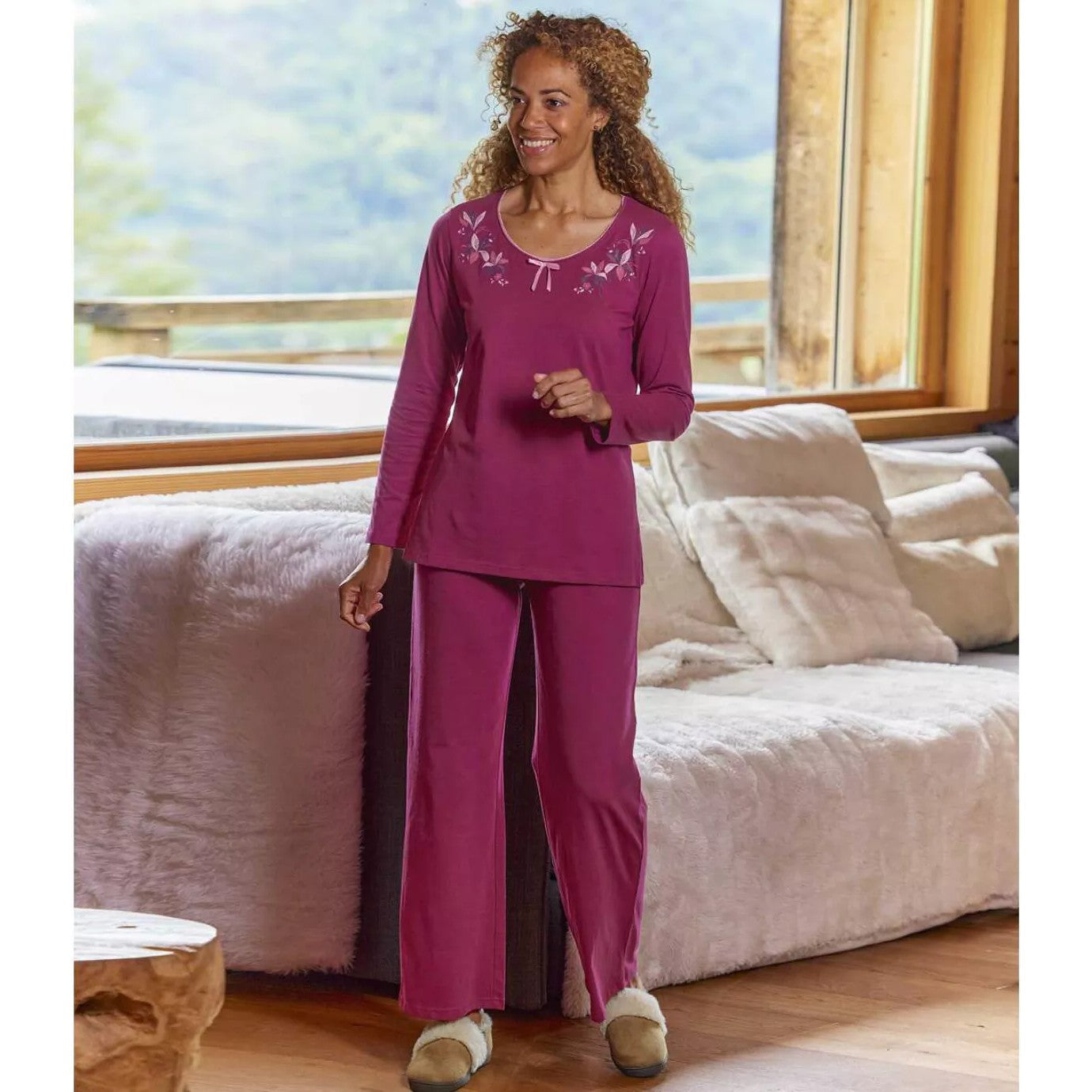 Burgundy - Back - Atlas for Women Womens-Ladies Floral Long Pyjama Set