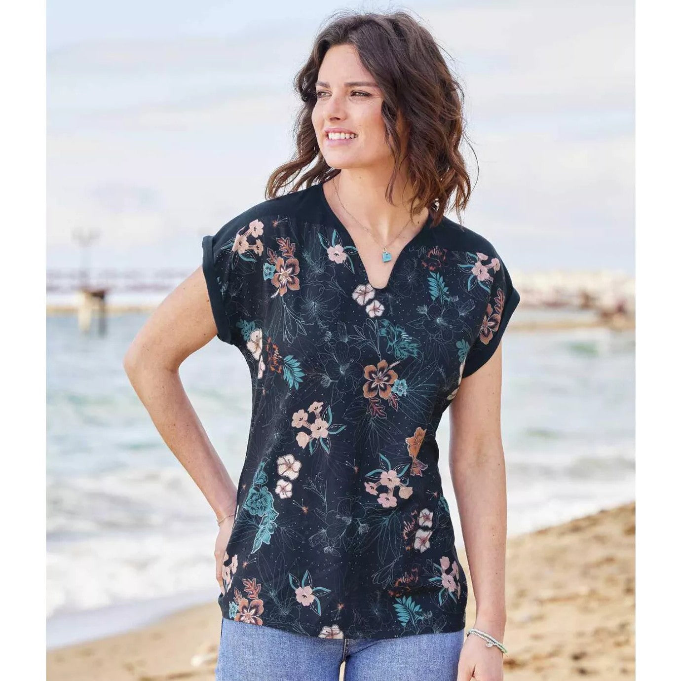 Navy - Back - Atlas for Women Womens-Ladies Floral T-Shirt