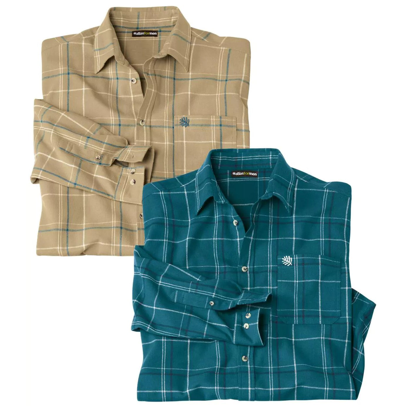 Beige-Green - Front - Atlas For Men Mens Flannel Shirt (Pack of 2)