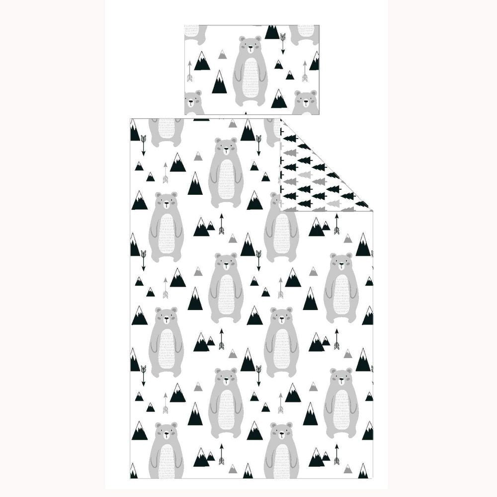 Black-White-Grey - Side - Bedding & Beyond Scandi Bear Forest Fitted Sheet Set
