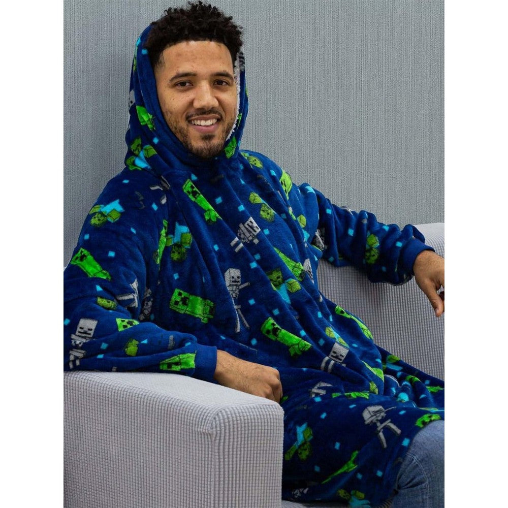 Blue-Green-Grey - Back - Minecraft Unisex Adult Creeps Fleece Hoodie Blanket