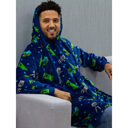 Blue-Green-Grey - Back - Minecraft Unisex Adult Creeps Fleece Hoodie Blanket