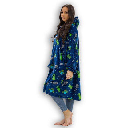 Blue-Green-Grey - Side - Minecraft Unisex Adult Creeps Fleece Hoodie Blanket