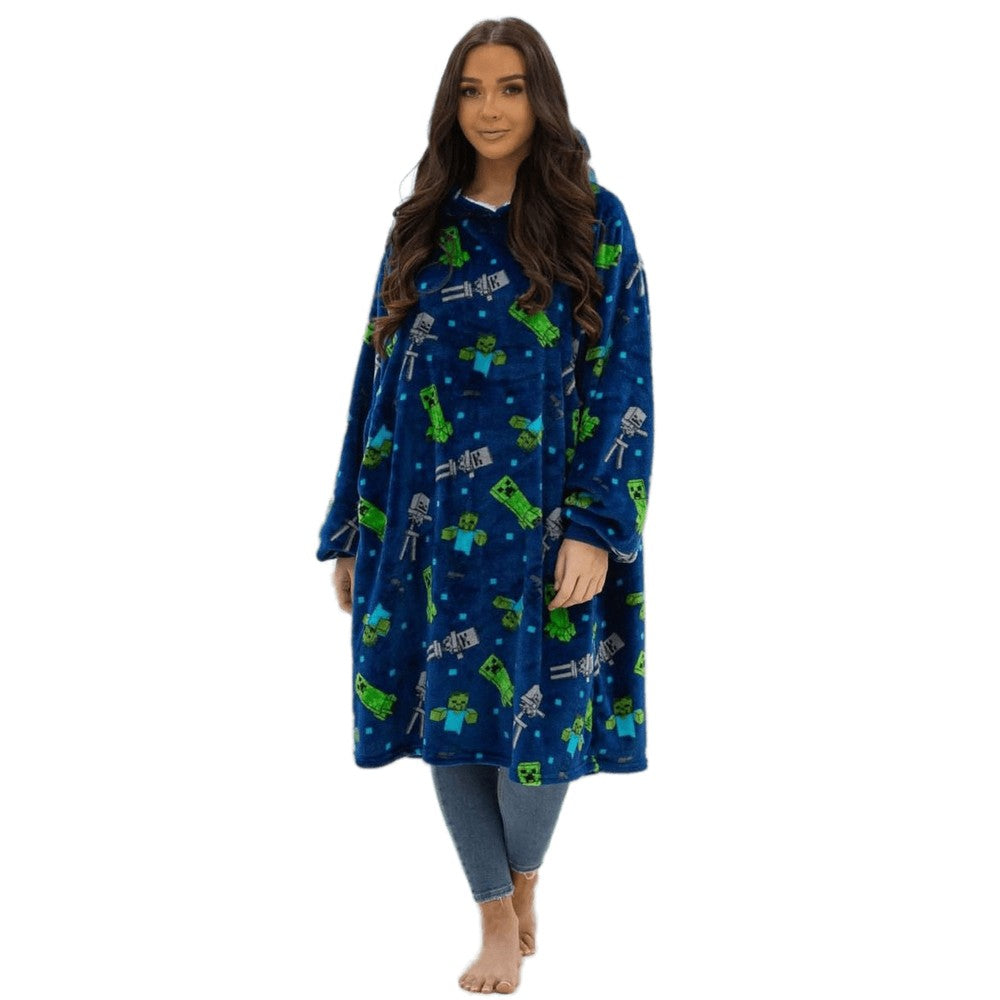 Blue-Green-Grey - Front - Minecraft Unisex Adult Creeps Fleece Hoodie Blanket