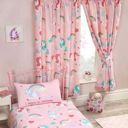 Pink - Back - I Believe In Unicorns Lined Curtains (Pack Of 2)