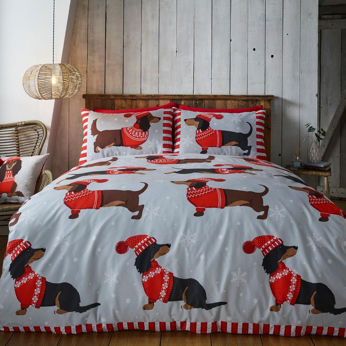Red-Grey - Front - Rapport Home Through The Snow Dachshund Christmas Duvet Cover Set