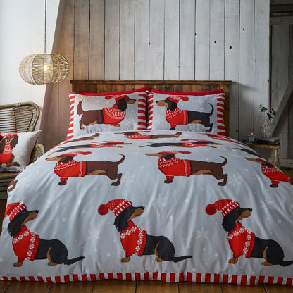 Red-Grey - Front - Rapport Home Through The Snow Dachshund Christmas Duvet Cover Set