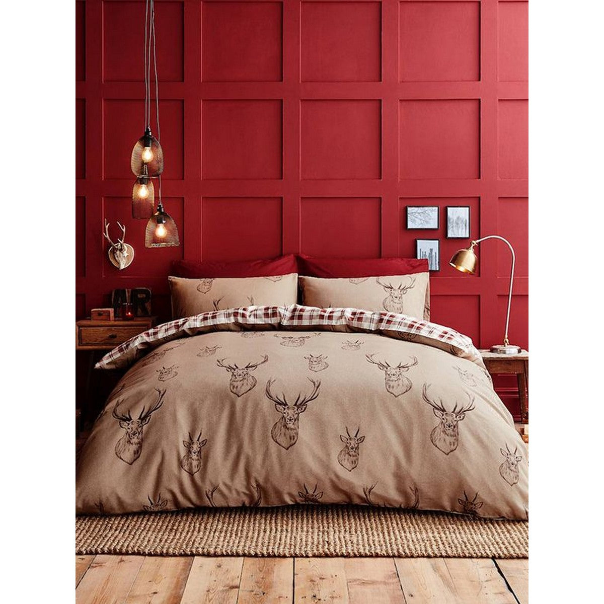 Beige-Cream-Red - Back - Catherine Lansfield Stag Duvet Cover Set
