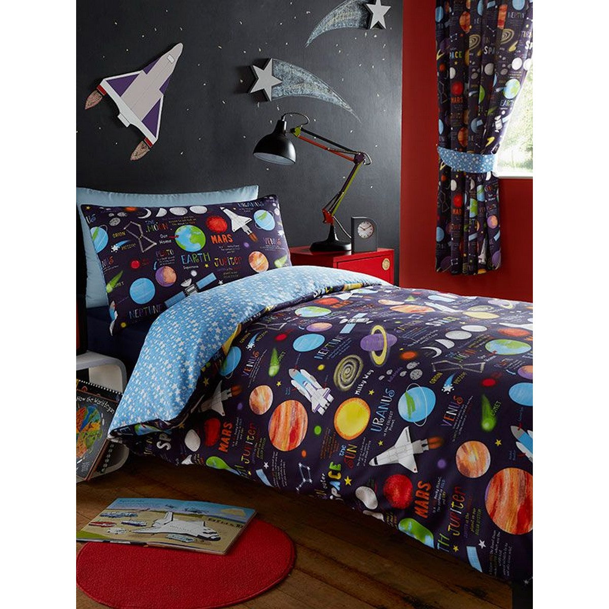 Navy-Sky Blue-Orange - Front - Kids Club Planets Duvet Cover Set