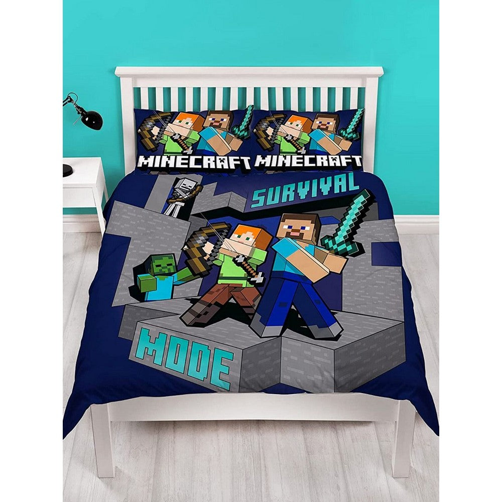 Navy-Grey-Teal - Side - Minecraft Survive Duvet Cover Set