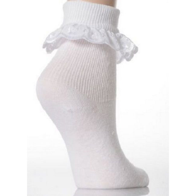 White - Side - Baby-Girls Cotton Rich Lace Frilly Top Socks With Floral Design (Pack Of 3)