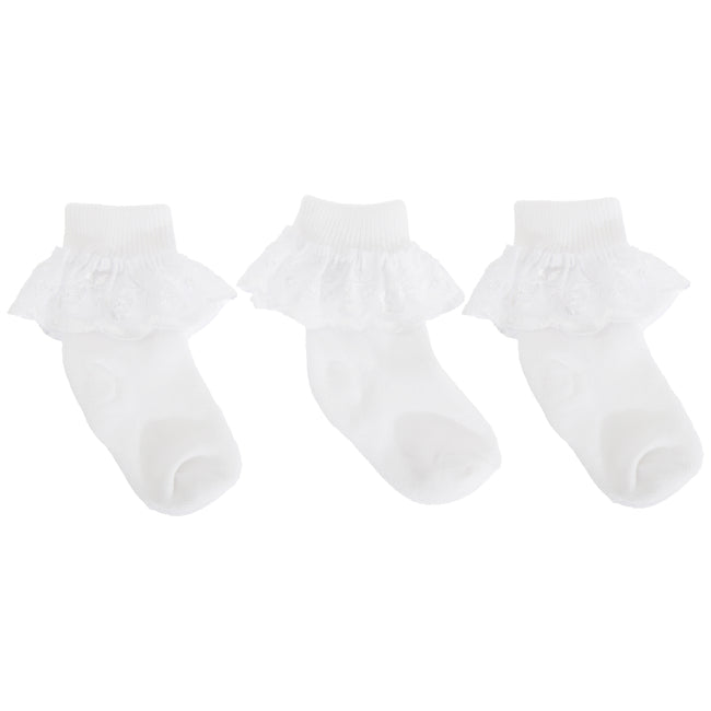 White - Front - Baby-Girls Cotton Rich Lace Frilly Top Socks With Floral Design (Pack Of 3)