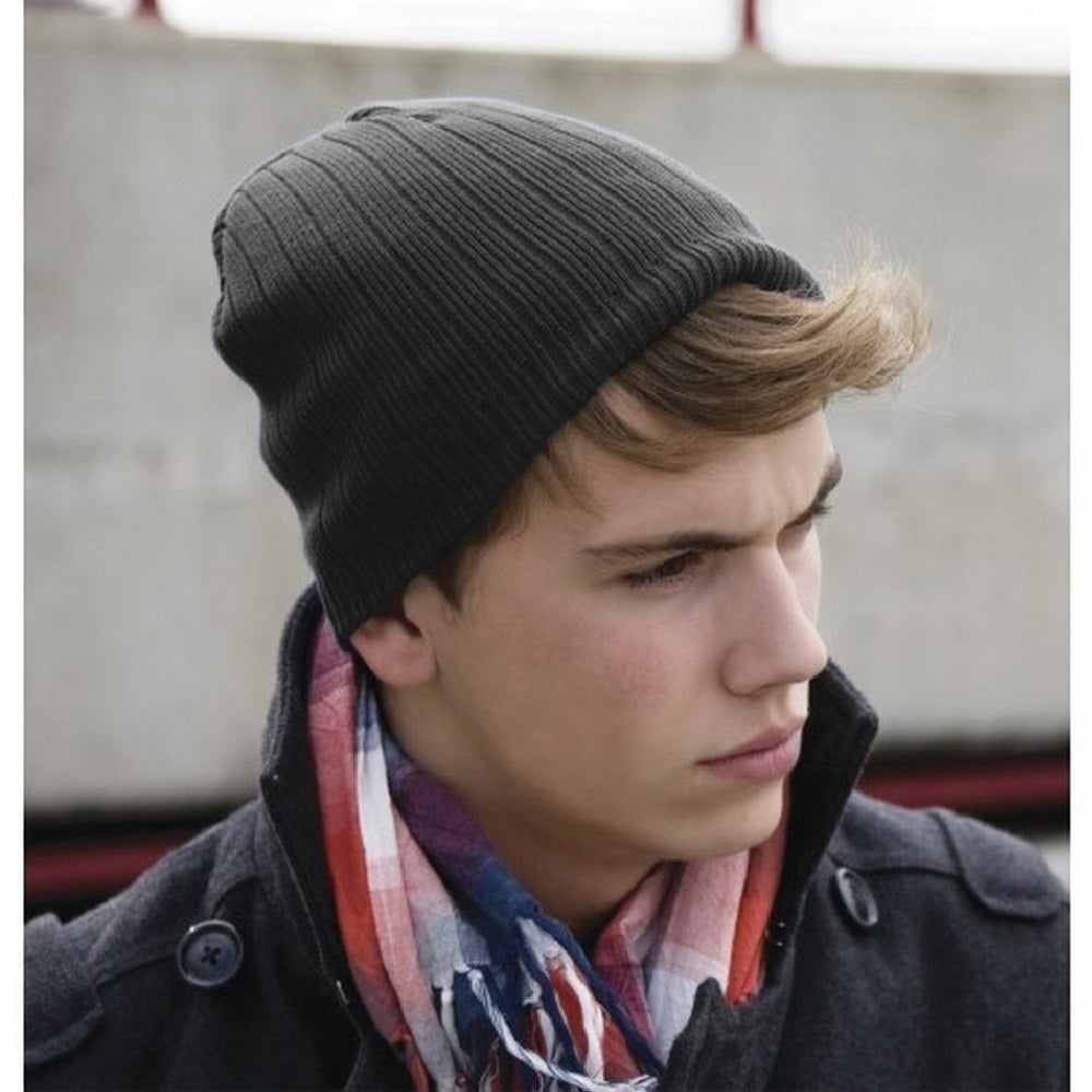 Black - Back - Result Unisex Double Knit Heavy Cotton Winter Beanie Hat