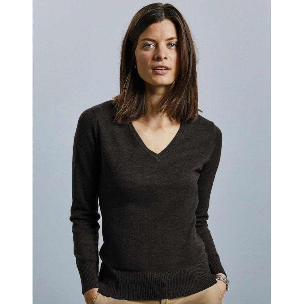 Charcoal Marl - Back - Russell Collection Ladies-Womens V-Neck Knitted Pullover Sweatshirt