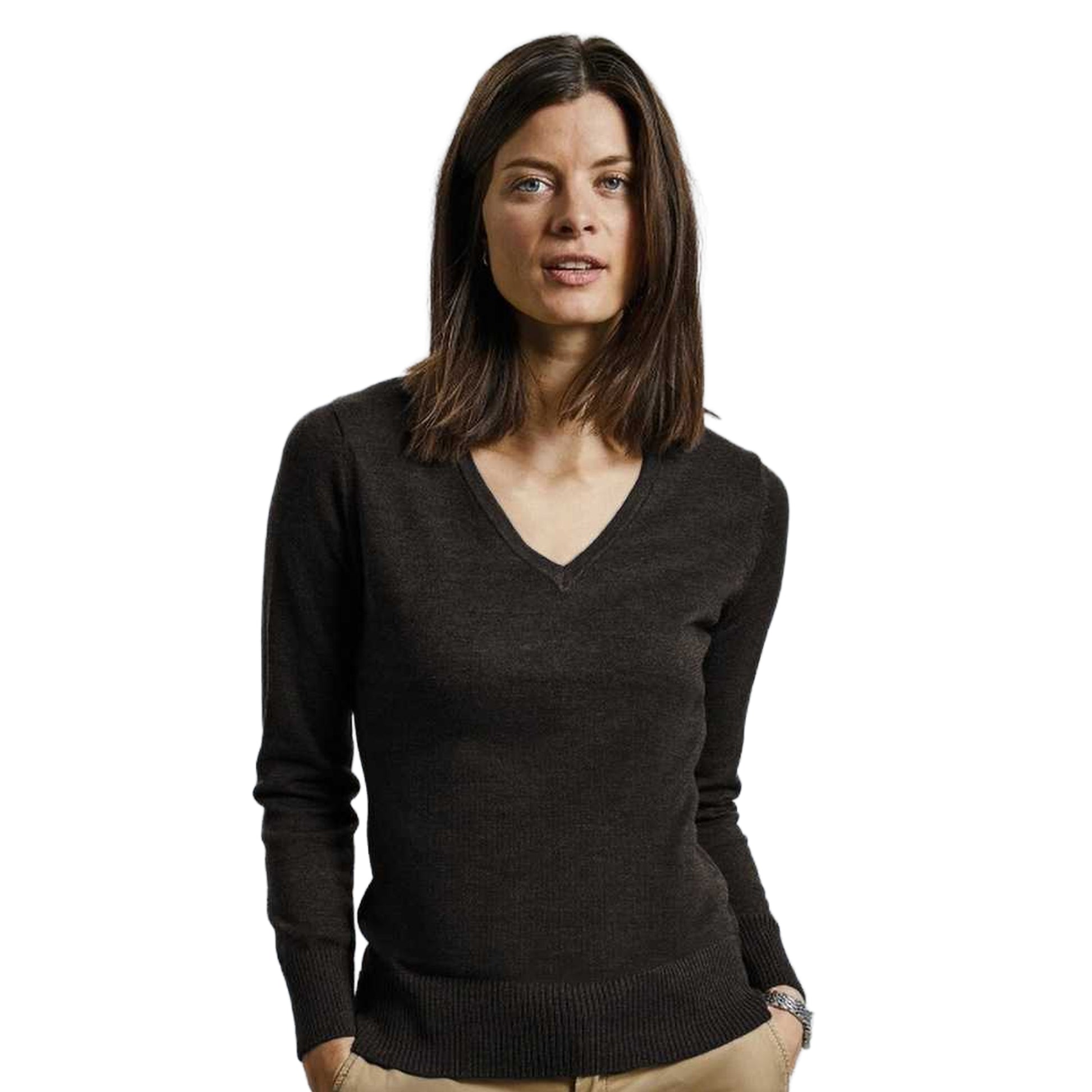 Charcoal Marl - Lifestyle - Russell Collection Ladies-Womens V-Neck Knitted Pullover Sweatshirt
