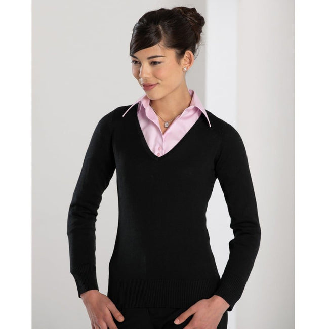 Black - Back - Russell Collection Ladies-Womens V-Neck Knitted Pullover Sweatshirt