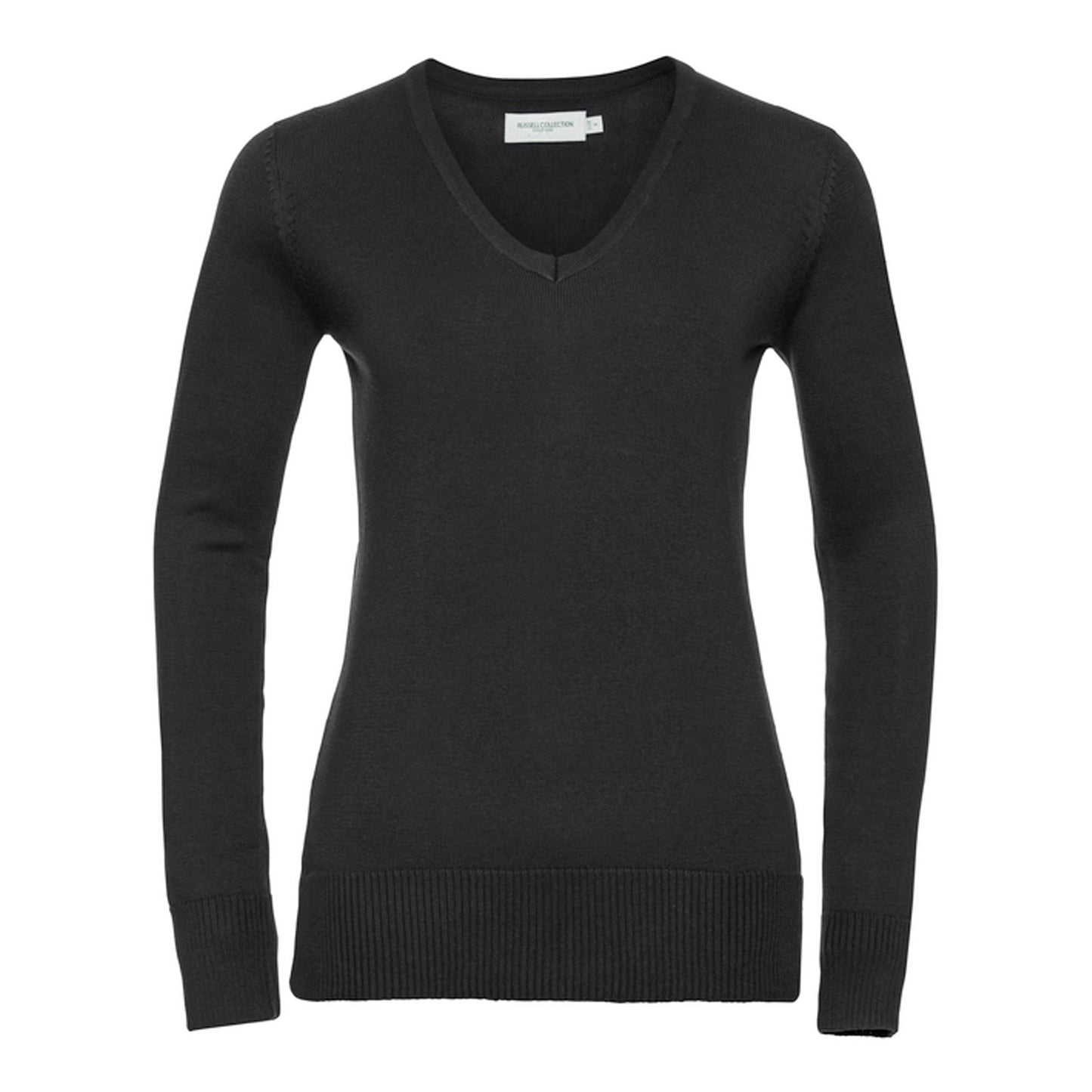 Black - Front - Russell Collection Ladies-Womens V-Neck Knitted Pullover Sweatshirt