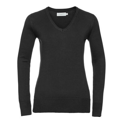 Black - Front - Russell Collection Ladies-Womens V-Neck Knitted Pullover Sweatshirt