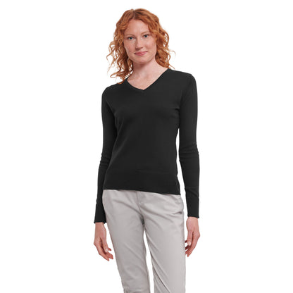 Black - Lifestyle - Russell Collection Ladies-Womens V-Neck Knitted Pullover Sweatshirt