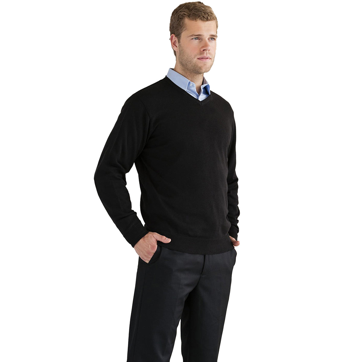 Black - Back - Russell Collection Mens V-Neck Knitted Pullover Sweatshirt