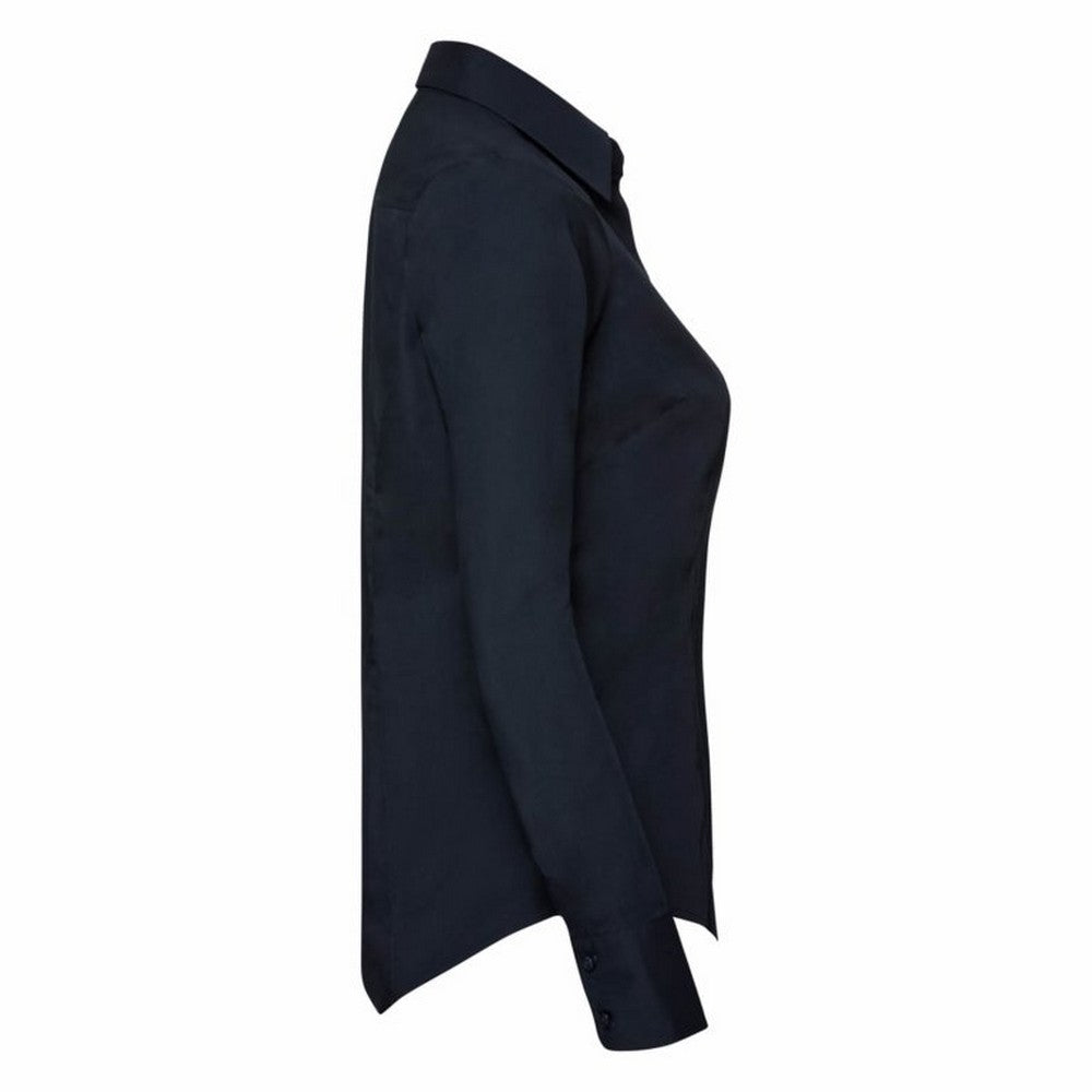 French Navy - Side - Russell Collection Ladies-Womens Long Sleeve Poly-Cotton Easy Care Fitted Poplin Shirt
